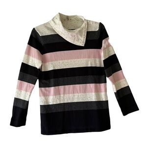 T by Talbots | Pink Black Speckled Striped Split Funnel Neck Top, Medium Petite